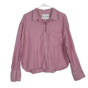 Lola River Button Down Women Large Pink Striped Cotton Tencel Cropped Shirt